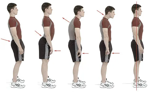 Five side-view silhouettes showing proper spinal posture progression from slouched to correct standing alignment with red arrows indicating posture points.