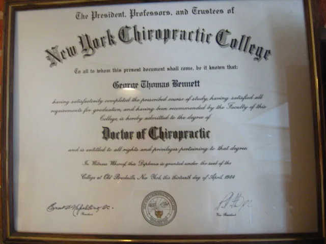 Framed diploma from New York Chiropractic College conferring Doctor of Chiropractic degree to George Chuman Bennett, dated 1893, with official seal and signatures
