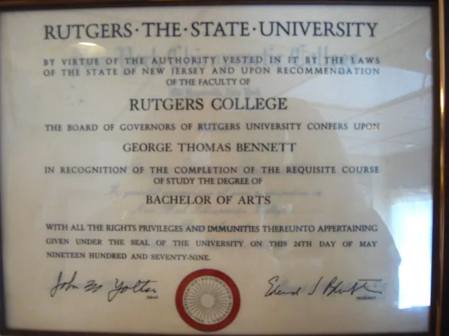 Rutgers University diploma for George Thomas Bennett, Bachelor of Arts degree, dated May 24, 1979, with official seal and signatures