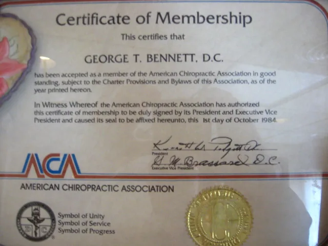 Certificate of Membership for George T. Bennett, D.C. from the American Chiropractic Association dated October 1st, 1984, with signature and gold seal.