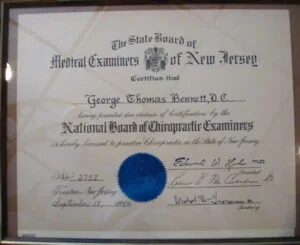 State Board of Medical Examiners of New Jersey certificate for George Thomas Bennett, D.C., licensed to practice chiropractic, dated September 18, 1923, with blue seal and signatures.